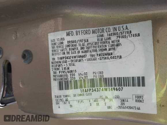 ✅ 2004 Ford Focus SE • VIN: 1FAFP34374W149607 • Lot: 42949262. Listed on IAAI with Not provided. Free auction sales archive from the USA and detailed vehicle history report at DreamBid. Image 9.