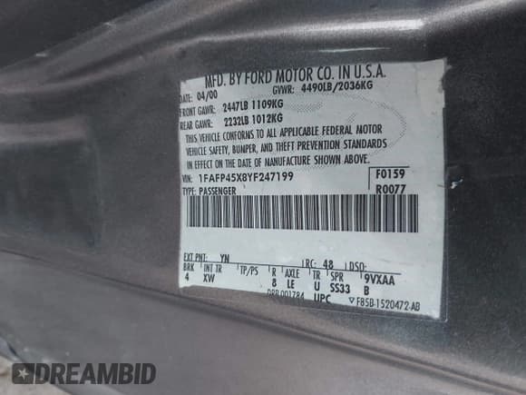 ✅ 2000 Ford Mustang GT • VIN: 1FAFP45X8YF247199 • Lot: 42188723. Listed on IAAI with 144,449 mi. Free auction sales archive from the USA and detailed vehicle history report at DreamBid. Image 9.
