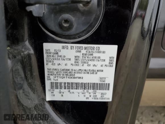 ✅ 2013 Ford F-250 XL • VIN: 1FT7X2BT1DEB45862 • Лот: 52863075. Опубликован ранее на Copart с пробегом 282 036 миль. Бесплатный доступ к архиву аукционных продаж из США и подробный отчёт об истории автомобиля на DreamBid. Изображение 12.