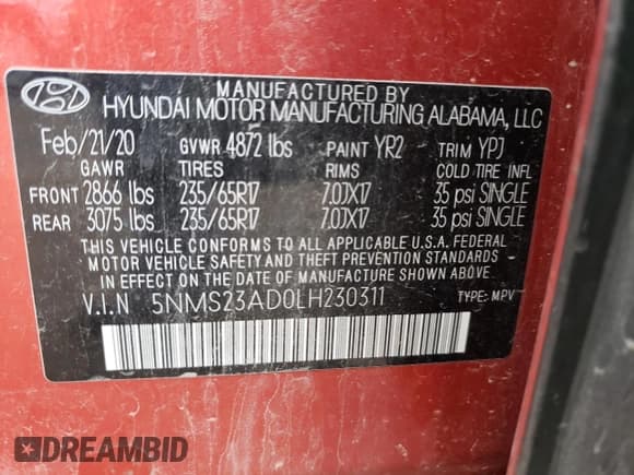 ✅ 2020 Hyundai Santa Fe SE • VIN: 5NMS23AD0LH230311 • Lot: 67743994. Wystawiony na Copart z przebiegiem 62 878 mil. Bezpłatny archiwum sprzedaży aukcyjnych z USA i szczegółowy raport historii pojazdu na DreamBid. Zdjęcie 13.