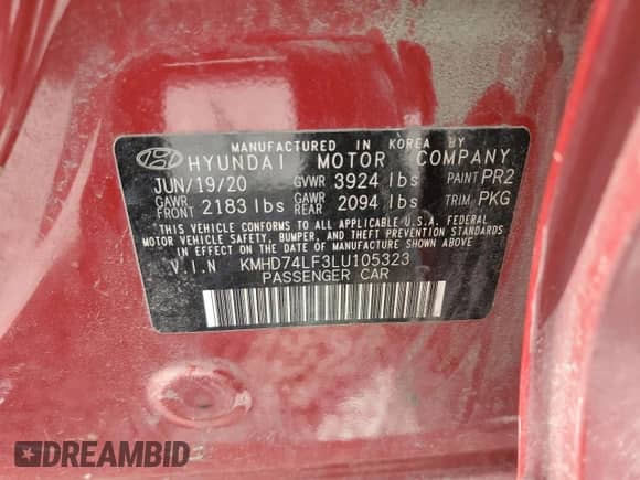 2020 Hyundai Elantra SE with VIN KMHD74LF3LU105323, listed as a Copart auction lot 55124005 with 68,422 mi miles and Salvage title. Bid and sale history available at DreamBid. Image 12.