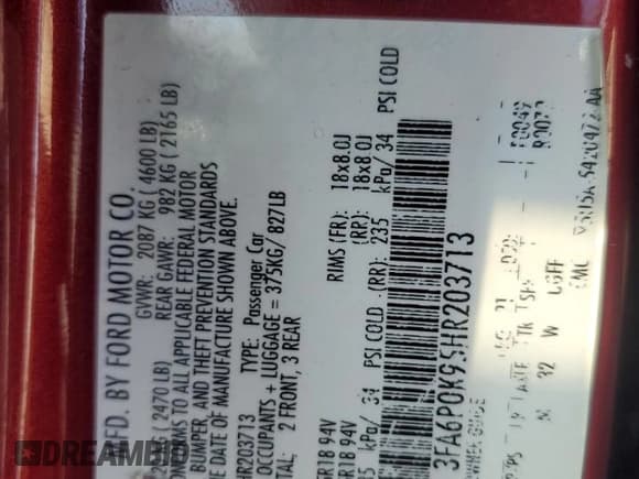 ✅ 2017 Ford Fusion Titanium • VIN: 3FA6P0K95HR203713 • Lot: 59054035. Listed on Copart with 115,390 mi. Free auction sales archive from the USA and detailed vehicle history report at DreamBid. Image 12.