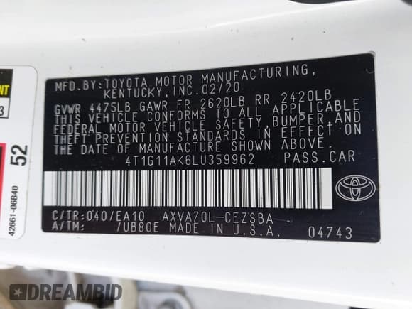 ✅ 2020 Toyota Camry SE • VIN: 4T1G11AK6LU359962 • Lot: 43285828. Listed on IAAI with 108,979 mi. Free auction sales archive from the USA and detailed vehicle history report at DreamBid. Image 9.