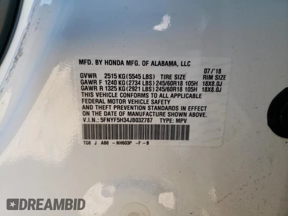 ✅ 2018 Honda Pilot EX • VIN: 5FNYF5H34JB032787 • Лот: 82589605. Опубликован ранее на Copart с пробегом 91 601 миль. Бесплатный доступ к архиву аукционных продаж из США и подробный отчёт об истории автомобиля на DreamBid. Изображение 13.