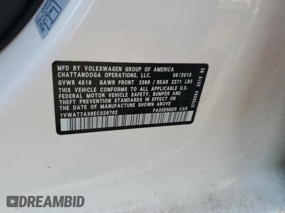 ✅ 2014 Volkswagen Passat S • VIN: 1VWAT7A36EC026702 • Lot: 80387615. Listed on Copart with 133,413 mi. Free auction sales archive from the USA and detailed vehicle history report at DreamBid. Image 12.