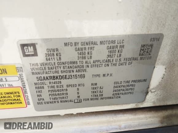 ✅ 2014 Buick Enclave Leather • VIN: 5GAKRBKD6EJ315169 • Lot: 43589519. Listed on IAAI with 218,565 mi. Free auction sales archive from the USA and detailed vehicle history report at DreamBid. Image 9.