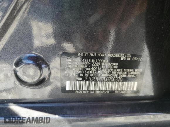 ✅ 2013 Subaru WRX WRX • VIN: JF1GR7E62DG206370 • Lot: 82401645. Listed on Copart with 136,920 mi. Free auction sales archive from the USA and detailed vehicle history report at DreamBid. Image 13.