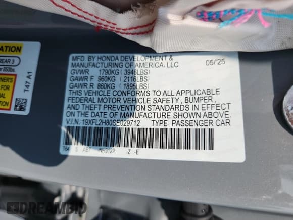 ✅ 2025 Honda Civic Sport • VIN: 19XFL2H80SE029712 • Lot: 67533365. Listed on Copart with 423 mi. Free auction sales archive from the USA and detailed vehicle history report at DreamBid. Image 12.