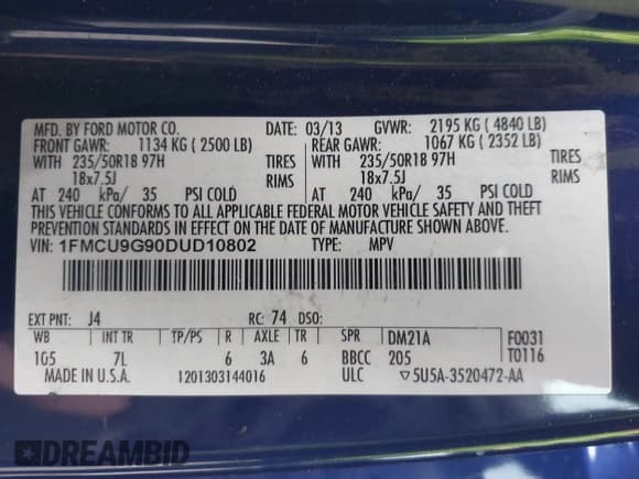 ✅ 2013 Ford Escape SE • VIN: 1FMCU9G90DUD10802 • Lot: 42257058. Listed on IAAI with Not provided. Free auction sales archive from the USA and detailed vehicle history report at DreamBid. Image 9.