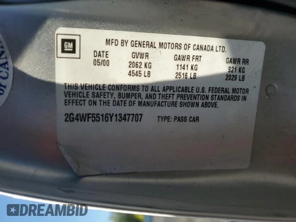 ✅ 2000 Buick Regal GS • VIN: 2G4WF5516Y1347707 • Lot: 81722865. Listed on Copart with Not provided. Free auction sales archive from the USA and detailed vehicle history report at DreamBid. Image 12.