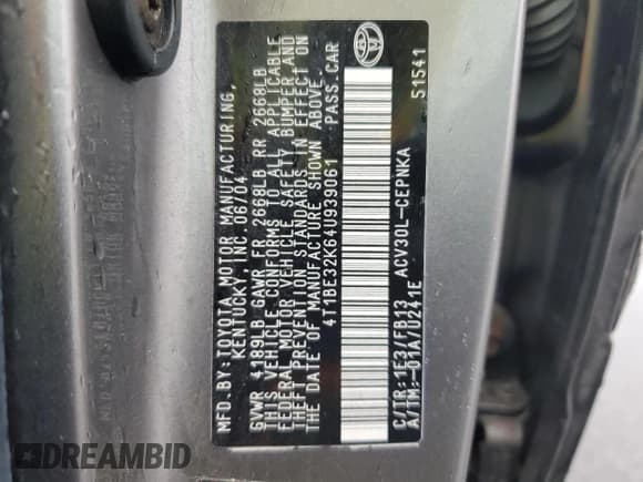 ✅ 2004 Toyota Camry LE • VIN: 4T1BE32K64U939061 • Lot: 91570345. Wystawiony na Copart z przebiegiem 225 181 mil. Bezpłatny archiwum sprzedaży aukcyjnych z USA i szczegółowy raport historii pojazdu na DreamBid. Zdjęcie 13.