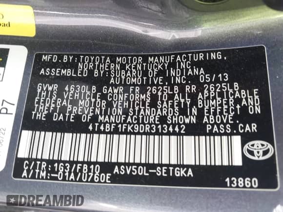 2013 Toyota Camry L с VIN 4T4BF1FK9DR313442, выставлен на аукционе IAAI как лот 42645698 с пробегом 127 757 миль миль и . История ставок и продаж доступна на DreamBid. Изображение 9.