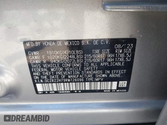 ✅ 2024 Honda HR-V EX-L • VIN: 3CZRZ2H79RM726096 • Lot: 43219621. Listed on IAAI with 5,457 mi. Free auction sales archive from the USA and detailed vehicle history report at DreamBid. Image 9.