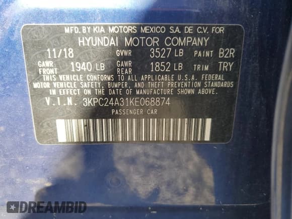 ✅ 2019 Hyundai Accent SE • VIN: 3KPC24A31KE068874 • Лот: 48785205. Опубликован ранее на Copart с пробегом Не указан. Бесплатный доступ к архиву аукционных продаж из США и подробный отчёт об истории автомобиля на DreamBid. Изображение 13.