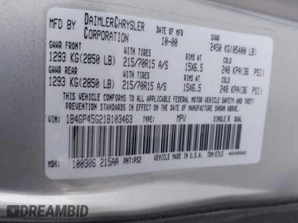 ✅ 2001 Dodge Caravan SE • VIN: 1B4GP45G21B103463 • Lot: 43670168. Wystawiony na IAAI z przebiegiem 191 304 mil. Bezpłatny archiwum sprzedaży aukcyjnych z USA i szczegółowy raport historii pojazdu na DreamBid. Zdjęcie 9.
