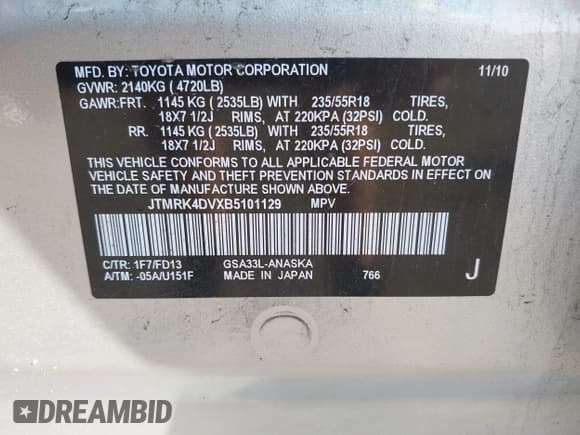 ✅ 2011 Toyota RAV4 Sport • VIN: JTMRK4DVXB5101129 • Lot: 42604898. Listed on IAAI with 177,518 mi. Free auction sales archive from the USA and detailed vehicle history report at DreamBid. Image 9.