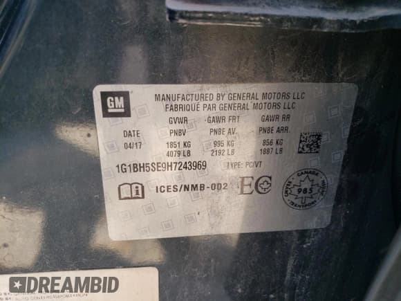 ✅ 2017 Chevrolet Cruze LT • VIN: 1G1BH5SE9H7243969 • Lot: 60198303. Listed on Copart with 62,475 mi. Free auction sales archive from the USA and detailed vehicle history report at DreamBid. Image 12.