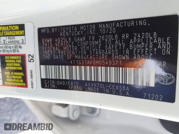 2021 Toyota Camry Hybrid SE с VIN 4T1G31AK8MU549371, выставлен на аукционе IAAI как лот 42910067 с пробегом 125 411 миль миль и . История ставок и продаж доступна на DreamBid. Изображение 9.