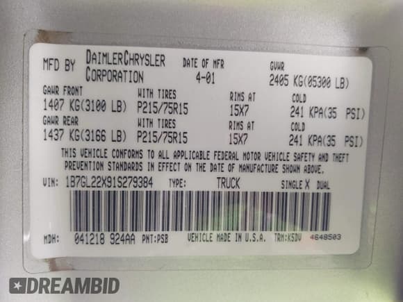 ✅ 2001 Dodge Dakota • VIN: 1B7GL22X91S279384 • Lot: 42190845. Listed on IAAI with 150,241 mi. Free auction sales archive from the USA and detailed vehicle history report at DreamBid. Image 9.