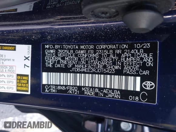 ✅ 2024 Toyota Corolla LE • VIN: JTDB4MEE2RJ015423 • Lot: 43763718. Listed on IAAI with 22,587 mi. Free auction sales archive from the USA and detailed vehicle history report at DreamBid. Image 9.