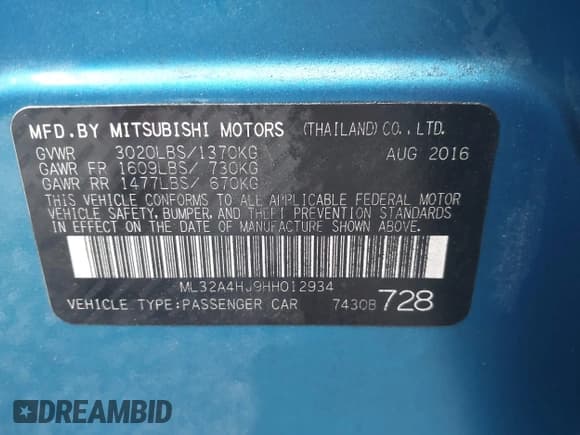 ✅ 2017 Mitsubishi Mirage SE • VIN: ML32A4HJ9HH012934 • Лот: 42971917. Опубликован ранее на IAAI с пробегом 31 870 миль. Бесплатный доступ к архиву аукционных продаж из США и подробный отчёт об истории автомобиля на DreamBid. Изображение 9.