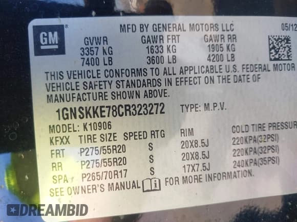 ✅ 2012 Chevrolet Suburban LTZ • VIN: 1GNSKKE78CR323272 • Lot: 41794029. Listed on IAAI with 16,541 mi. Free auction sales archive from the USA and detailed vehicle history report at DreamBid. Image 9.