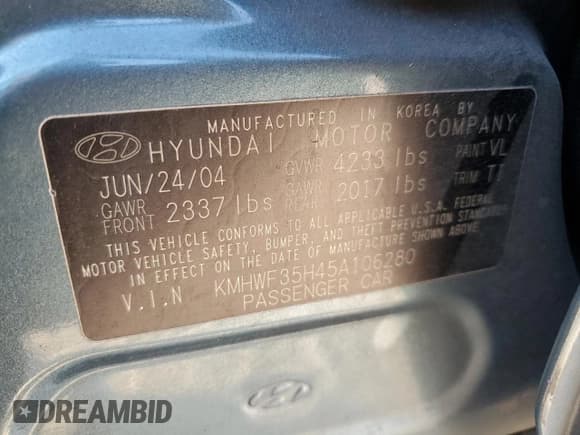 ✅ 2005 Hyundai Sonata GLS • VIN: KMHWF35H45A106280 • Lot: 76607674. Listed on Copart with 191,576 mi. Free auction sales archive from the USA and detailed vehicle history report at DreamBid. Image 12.
