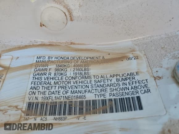 ✅ 2022 Honda Civic EX-L • VIN: 19XFL1H71NE018465 • Lot: 65964475. Listed on Copart with Not provided. Free auction sales archive from the USA and detailed vehicle history report at DreamBid. Image 13.