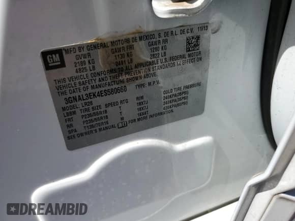 2014 Chevrolet Captiva Sport LT с VIN 3GNAL3EK4ES580660, выставлен на аукционе Copart как лот 74701314 с пробегом 106 530 миль миль и Списание • Salvage title. История ставок и продаж доступна на DreamBid. Изображение 12.