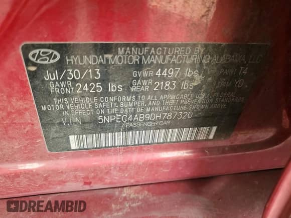 2013 Hyundai Sonata SE with VIN 5NPEC4AB9DH787320, listed as a Copart auction lot 82596665 with 78,934 mi miles and Salvage title. Bid and sale history available at DreamBid. Image 12.