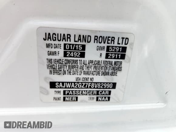 ✅ 2015 Jaguar XJ Portfolio • VIN: SAJWA2GZ7F8V82990 • Lot: 63325535. Listed on Copart with 113,892 mi. Free auction sales archive from the USA and detailed vehicle history report at DreamBid. Image 13.