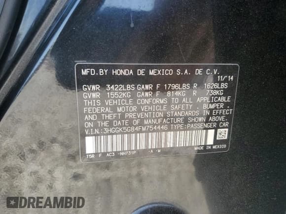 ✅ 2015 Honda Fit EX • VIN: 3HGGK5G84FM754446 • Lot: 50139015. Listed on Copart with 111,256 mi. Free auction sales archive from the USA and detailed vehicle history report at DreamBid. Image 14.