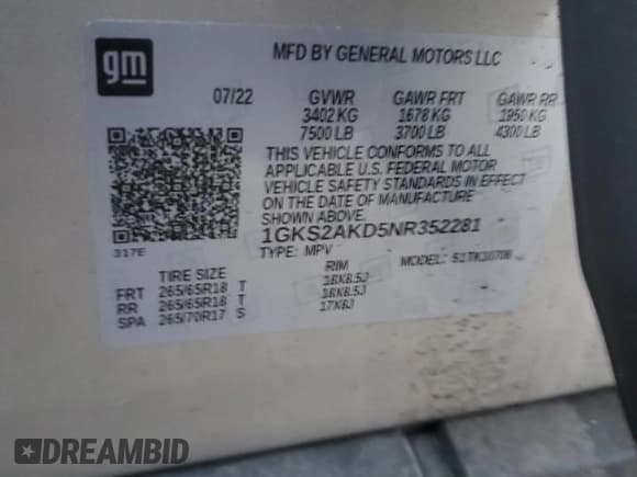 ✅ 2022 GMC Yukon SLE • VIN: 1GKS2AKD5NR352281 • Лот: 87829505. Опубликован ранее на Copart с пробегом 17 769 миль. Бесплатный доступ к архиву аукционных продаж из США и подробный отчёт об истории автомобиля на DreamBid. Изображение 16.