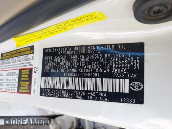 ✅ 2012 Toyota Avalon • VIN: 4T1BK3DB6CU453001 • Lot: 42837978. Listed on IAAI with 151,824 mi. Free auction sales archive from the USA and detailed vehicle history report at DreamBid. Image 9.