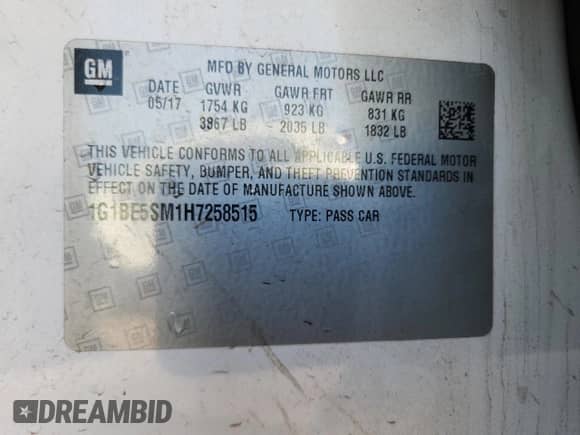 ✅ 2017 Chevrolet Cruze LT • VIN: 1G1BE5SM1H7258515 • Lot: 81238725. Listed on Copart with 187,219 mi miles. Access the free auction sales archive from the USA and view a detailed vehicle history report at DreamBid. Image 12.