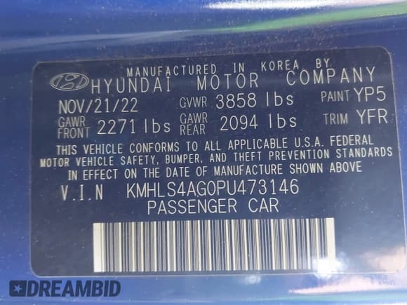 ✅ 2023 Hyundai Elantra SEL • VIN: KMHLS4AG0PU473146 • Lot: 42866504. Listed on IAAI with 54,306 mi. Free auction sales archive from the USA and detailed vehicle history report at DreamBid. Image 9.
