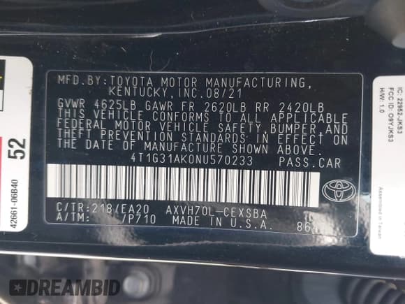 ✅ 2022 Toyota Camry Hybrid SE • VIN: 4T1G31AK0NU570233 • Лот: 42831356. Опубликован ранее на IAAI с пробегом 51 031 миль. Бесплатный доступ к архиву аукционных продаж из США и подробный отчёт об истории автомобиля на DreamBid. Изображение 9.