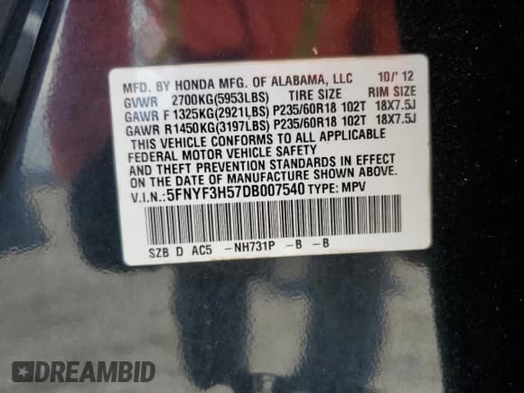 ✅ 2013 Honda Pilot EX-L • VIN: 5FNYF3H57DB007540 • Lot: 60630415. Listed on Copart with 114,452 mi. Free auction sales archive from the USA and detailed vehicle history report at DreamBid. Image 13.
