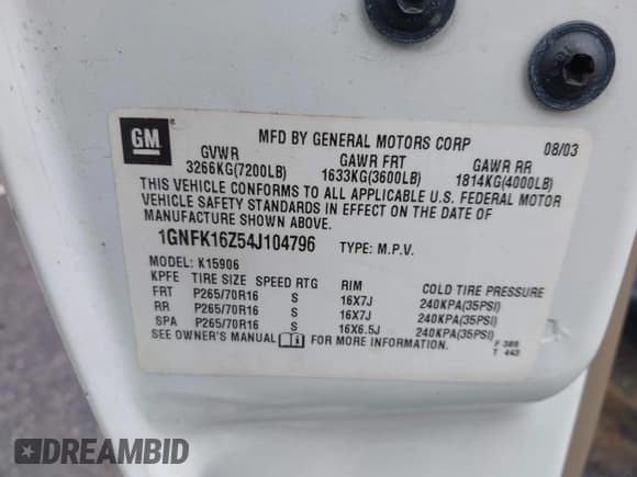 ✅ 2004 Chevrolet Suburban LT • VIN: 1GNFK16Z54J104796 • Lot: 42959899. Listed on IAAI with 203,284 mi. Free auction sales archive from the USA and detailed vehicle history report at DreamBid. Image 9.