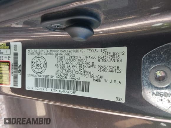 ✅ 2012 Toyota Tacoma • VIN: 5TFMU4FN4CX007108 • Lot: 43637209. Listed on IAAI with 162,672 mi. Free auction sales archive from the USA and detailed vehicle history report at DreamBid. Image 9.