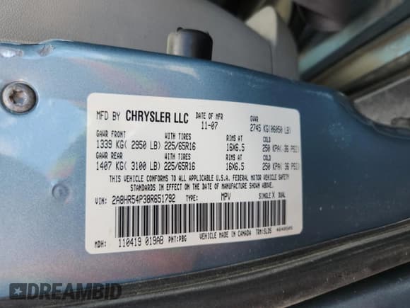 ✅ 2008 Chrysler Town & Country Touring • VIN: 2A8HR54P38R651792 • Lot: 69371285. Listed on Copart with Not provided. Free auction sales archive from the USA and detailed vehicle history report at DreamBid. Image 14.