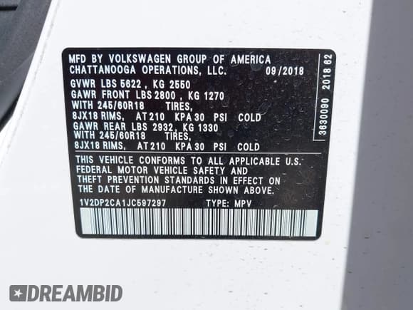 ✅ 2018 Volkswagen Atlas SE • VIN: 1V2DP2CA1JC597297 • Lot: 42489664. Listed on IAAI with 54,352 mi. Free auction sales archive from the USA and detailed vehicle history report at DreamBid. Image 9.