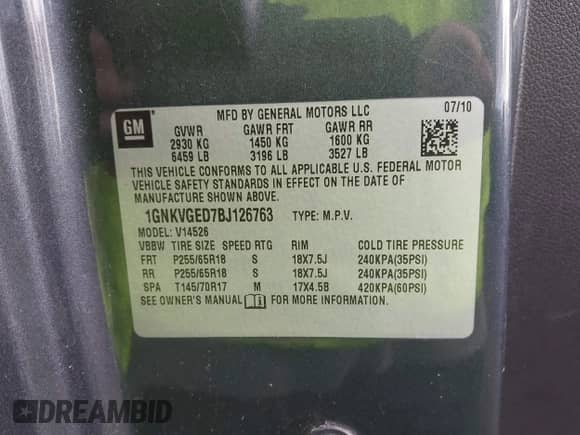 2011 Chevrolet Traverse 1LT с VIN 1GNKVGED7BJ126763, выставлен на аукционе IAAI как лот 43578203 с пробегом Не указан миль и . История ставок и продаж доступна на DreamBid. Изображение 9.