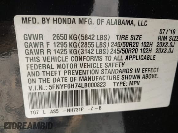 ✅ 2020 Honda Pilot Black Edition • VIN: 5FNYF6H74LB000823 • Lot: 43255873. Listed on IAAI with 78,245 mi. Free auction sales archive from the USA and detailed vehicle history report at DreamBid. Image 9.