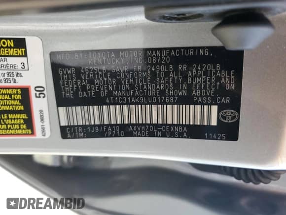 2020 Toyota Camry Hybrid LE with VIN 4T1C31AK9LU017687, listed as a Copart auction lot 82233015 with 45,526 mi miles and Salvage title. Bid and sale history available at DreamBid. Image 12.
