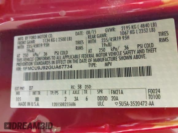 ✅ 2016 Ford Escape Titanium • VIN: 1FMCU9J92GUA67734 • Lot: 43576193. Wystawiony na IAAI z przebiegiem 112 621 mil. Bezpłatny archiwum sprzedaży aukcyjnych z USA i szczegółowy raport historii pojazdu na DreamBid. Zdjęcie 9.