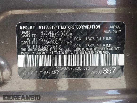 ✅ 2018 Mitsubishi Outlander ES • VIN: JA4AP3AU9JZ001593 • Lot: 43475982. Listed on IAAI with 125,807 mi. Free auction sales archive from the USA and detailed vehicle history report at DreamBid. Image 9.