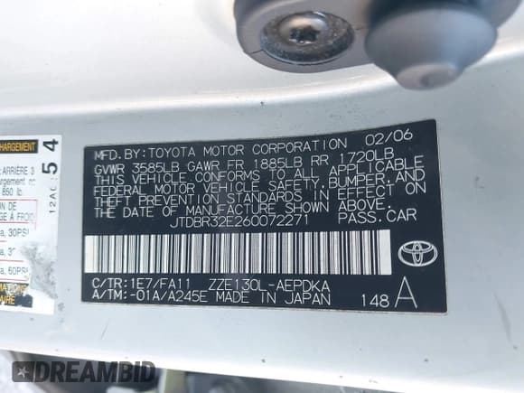 ✅ 2006 Toyota Corolla CE • VIN: JTDBR32E260072271 • Lot: 43672500. Listed on IAAI with 214,712 mi. Free auction sales archive from the USA and detailed vehicle history report at DreamBid. Image 9.