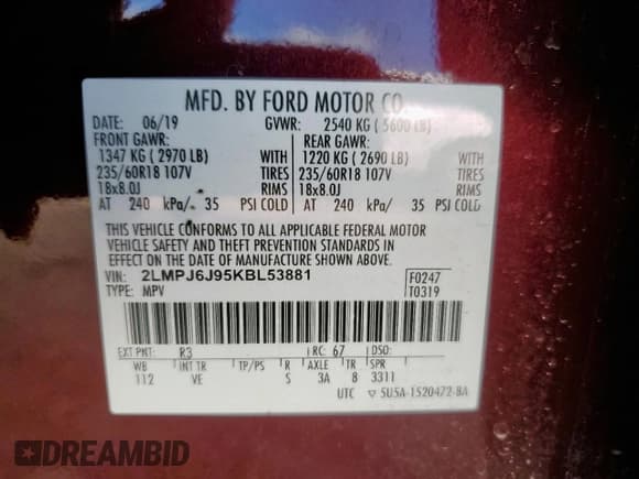 ✅ 2019 Lincoln Nautilus Standard • VIN: 2LMPJ6J95KBL53881 • Lot: 64669255. Listed on Copart with 92,308 mi. Free auction sales archive from the USA and detailed vehicle history report at DreamBid. Image 13.