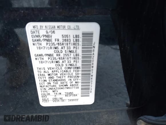 ✅ 2007 Nissan Murano S • VIN: JN8AZ08W07W607739 • Lot: 41020643. Listed on IAAI with 216,908 mi. Free auction sales archive from the USA and detailed vehicle history report at DreamBid. Image 9.